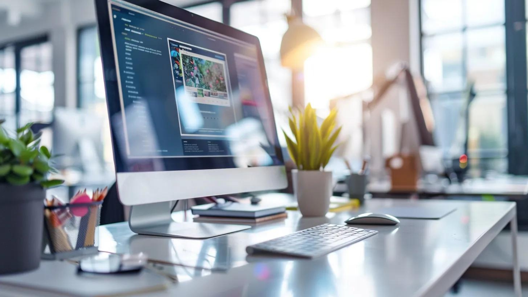 a sleek, modern workspace illuminated by natural light showcases a vibrant computer screen displaying an engaging website design, symbolizing the transformation of digital presence.