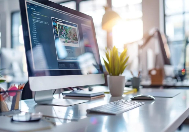 a sleek, modern workspace illuminated by natural light showcases a vibrant computer screen displaying an engaging website design, symbolizing the transformation of digital presence.