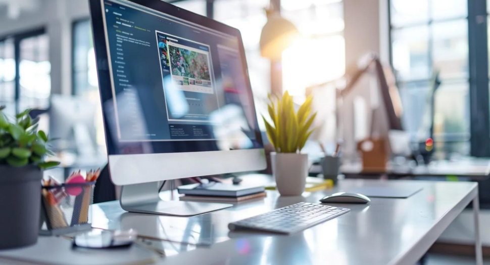 a sleek, modern workspace illuminated by natural light showcases a vibrant computer screen displaying an engaging website design, symbolizing the transformation of digital presence.