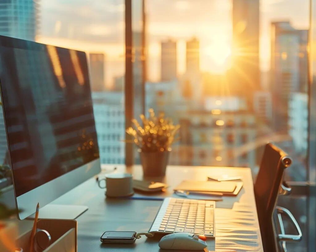 a sleek, modern workspace infused with vibrant branding materials symbolizes the transformation of a corporate identity, illuminated by soft natural light streaming through expansive windows.