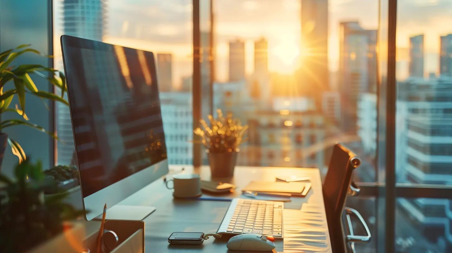 a sleek, modern workspace infused with vibrant branding materials symbolizes the transformation of a corporate identity, illuminated by soft natural light streaming through expansive windows.