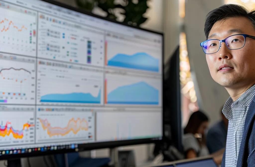 a team of construction professionals analyzing graphs and charts on a digital screen in a modern office setting.
