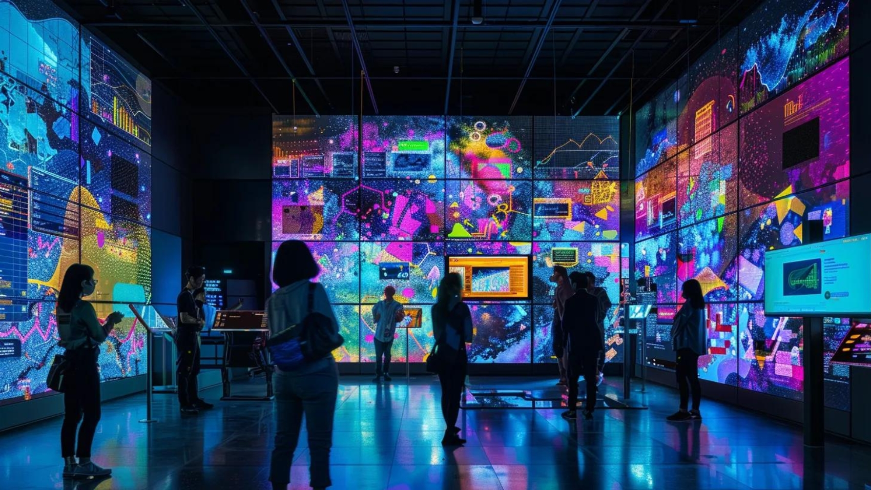 a vibrant digital marketing landscape showcases a dynamic team collaborating over innovative strategy maps, illuminated by futuristic screens that pulse with data insights.