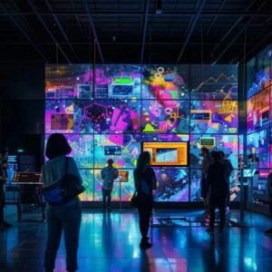 Digital marketing analytics display with colorful visualizations and data insights, showcasing technology and innovation in the construction sector.