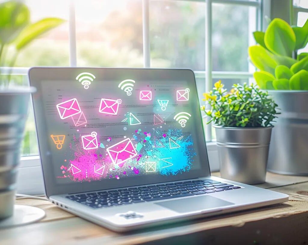 a vibrant digital workspace bustling with creativity, featuring an open laptop displaying a dynamic email marketing dashboard under bright, inviting natural light, symbolizing the power of effective campaign strategies.