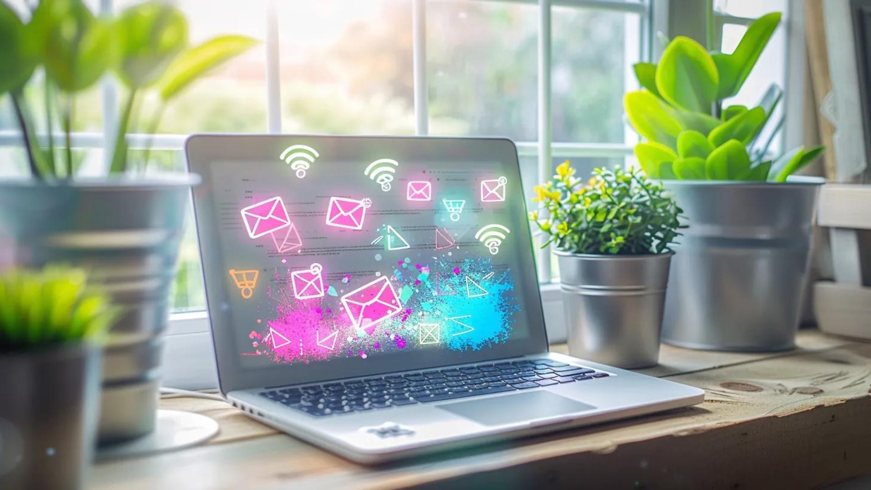 a vibrant digital workspace bustling with creativity, featuring an open laptop displaying a dynamic email marketing dashboard under bright, inviting natural light, symbolizing the power of effective campaign strategies.