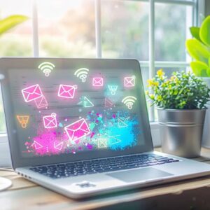 Laptop displaying colorful email marketing graphics, symbolizing email communication and digital marketing strategies for construction firms.