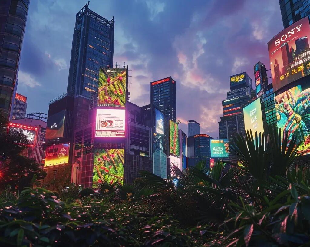 a vibrant, futuristic city skyline at dusk, illuminated by dynamic digital billboards showcasing authentic and personalized branding messages, while lush greenery integrates seamlessly into urban design, symbolizing a commitment to sustainability and technological innovation in market positioning.