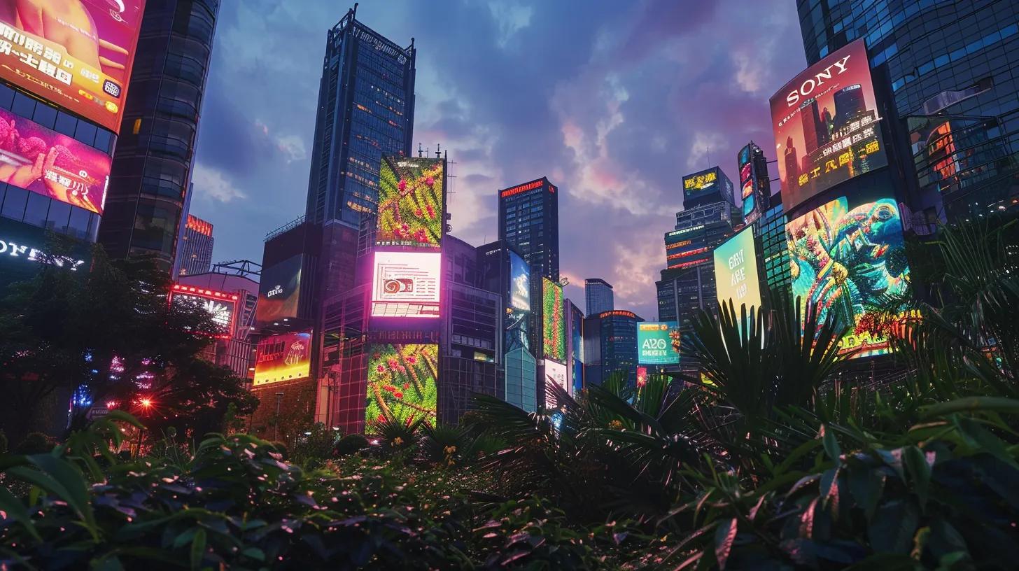a vibrant, futuristic city skyline at dusk, illuminated by dynamic digital billboards showcasing authentic and personalized branding messages, while lush greenery integrates seamlessly into urban design, symbolizing a commitment to sustainability and technological innovation in market positioning.