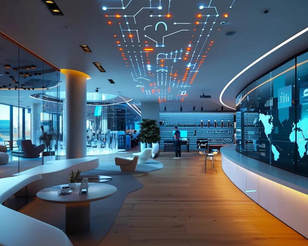 a vibrant, futuristic office space with sleek digital interfaces and dynamic graphs projected on walls, illustrating the evolution of ai in digital marketing strategies amid a backdrop of diverse professionals collaborating enthusiastically.