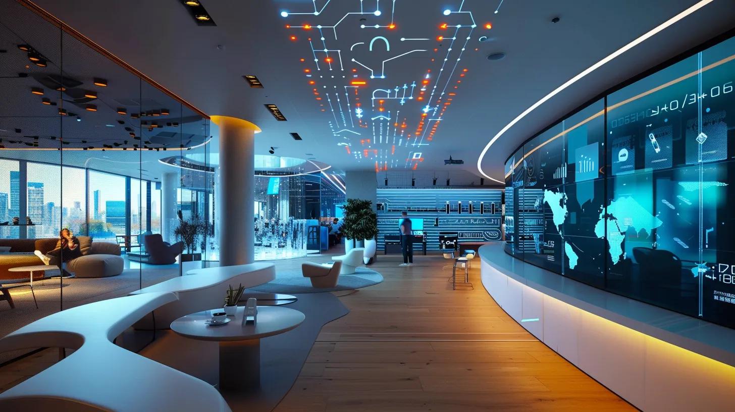 a vibrant, futuristic office space with sleek digital interfaces and dynamic graphs projected on walls, illustrating the evolution of ai in digital marketing strategies amid a backdrop of diverse professionals collaborating enthusiastically.