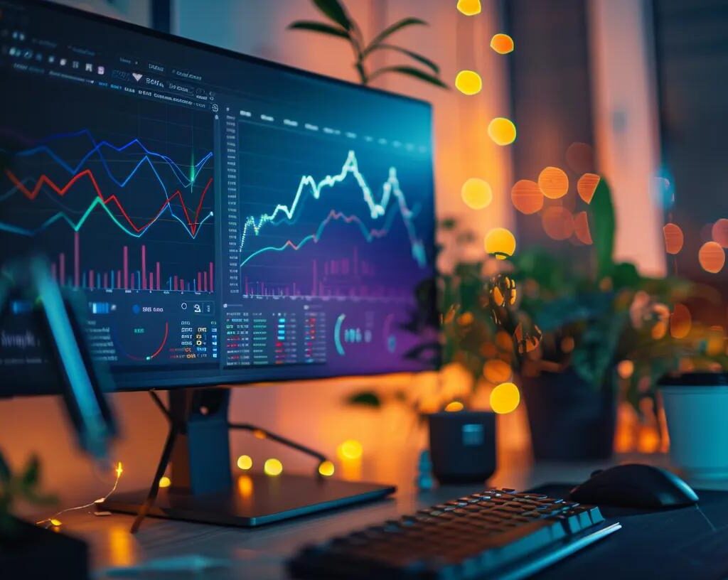 a vibrant, futuristic workspace showcases a sleek computer screen displaying dynamic analytics graphs, illuminated by soft ambient lighting that emphasizes the theme of unlocking potential through innovative technology.