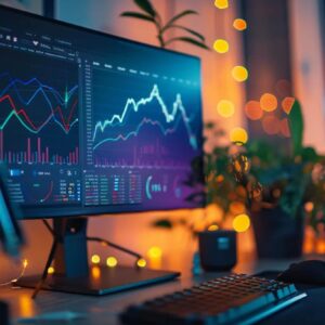 Vibrant futuristic workspace with a computer displaying analytics graphs and data trends, surrounded by plants and ambient lighting, reflecting digital marketing strategies and performance optimization.