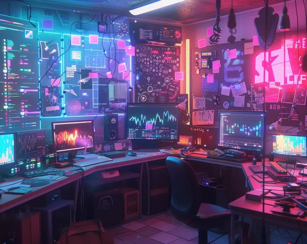 a vibrant, imaginative workspace filled with colorful charts and digital devices, embodying the essence of mastering seo optimization services.