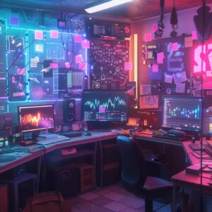 Vibrant and imaginative workspace with multiple monitors displaying data graphs, colorful lighting, and sticky notes, symbolizing a tech-savvy environment for SEO and digital marketing strategies in construction.