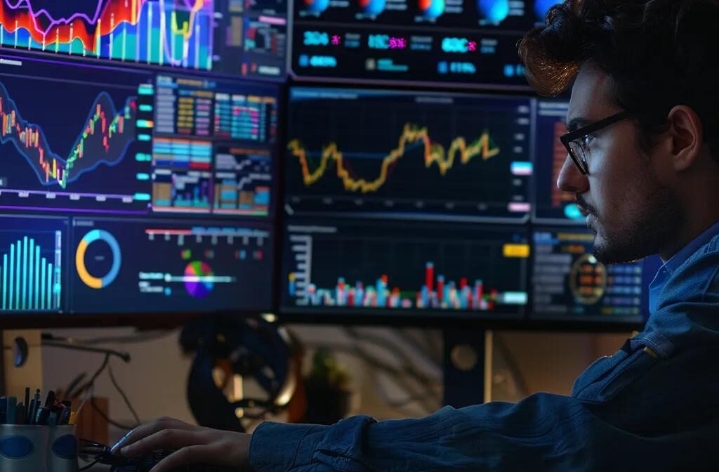 an engineer carefully studying a computer screen with colorful graphs and charts, analyzing seo performance data to enhance the construction company's online visibility and engagement.