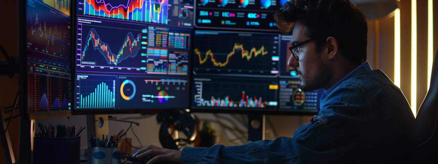 an engineer carefully studying a computer screen with colorful graphs and charts, analyzing seo performance data to enhance the construction company's online visibility and engagement.