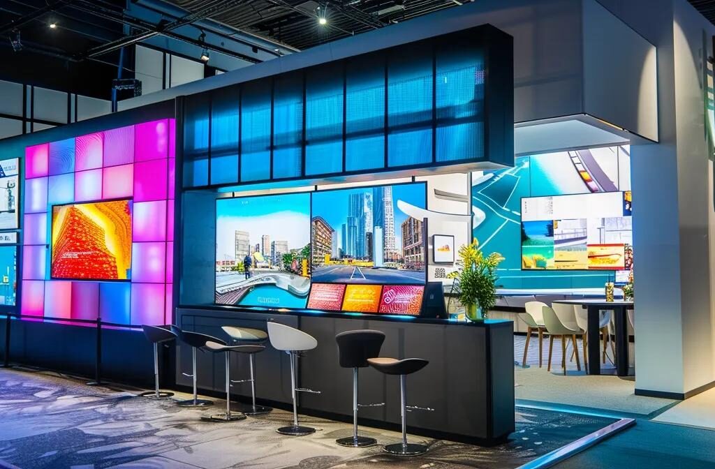 an interactive booth display featuring vibrant visuals and engaging elements, attracting guests at a construction trade show.