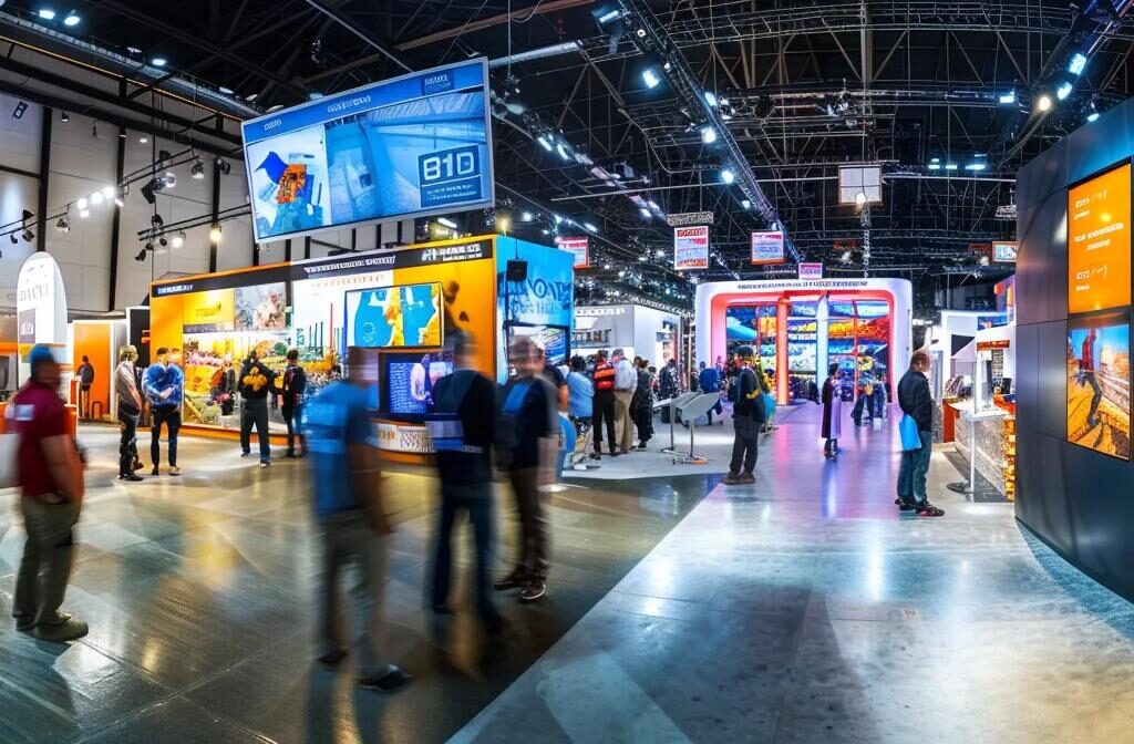 a booth at a construction trade show with interactive technology for collecting visitor information, attentive staff engaging attendees, and enticing incentives displayed prominently.