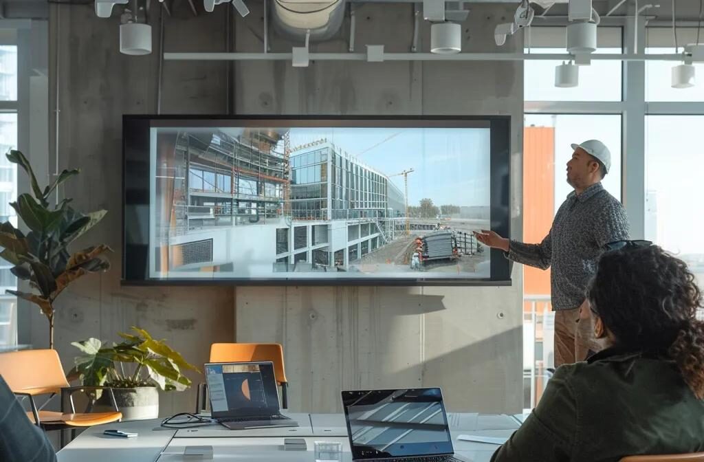 a construction firm presenting a captivating storytelling session to a diverse group of potential clients, showcasing their past projects and expertise to build trust and engagement.