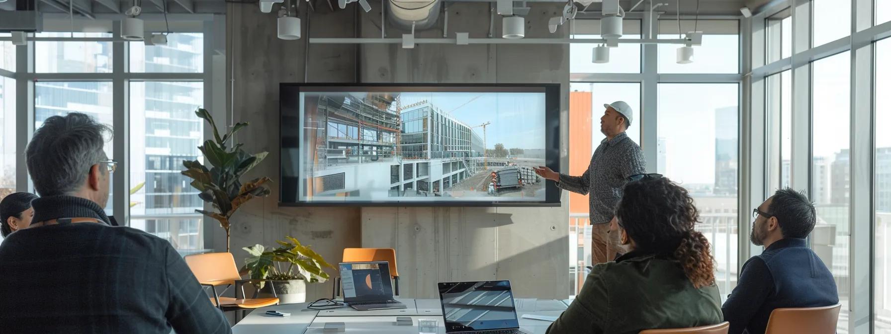 a construction firm presenting a captivating storytelling session to a diverse group of potential clients, showcasing their past projects and expertise to build trust and engagement.