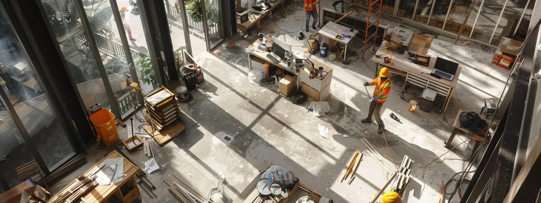 a construction site bustling with activity, with workers using digital devices to analyze marketing analytics and refine strategies for real estate investments.