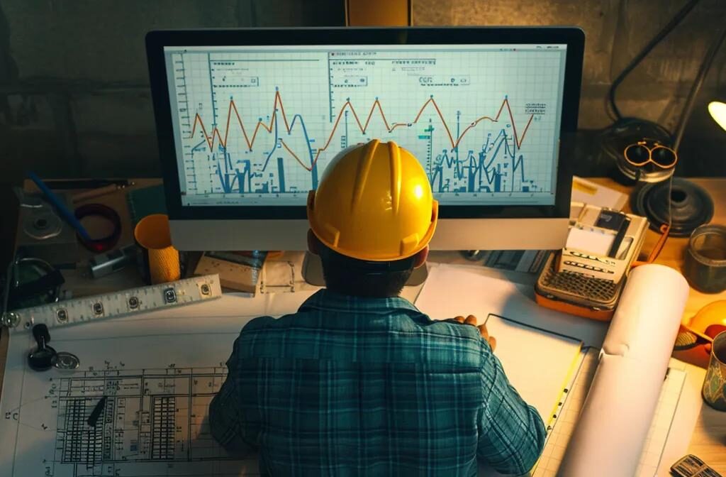 a construction worker analyzing a computer screen showing a detailed graph of backlink quality metrics, surrounded by blueprints and a hard hat, reflecting on successful link building efforts.