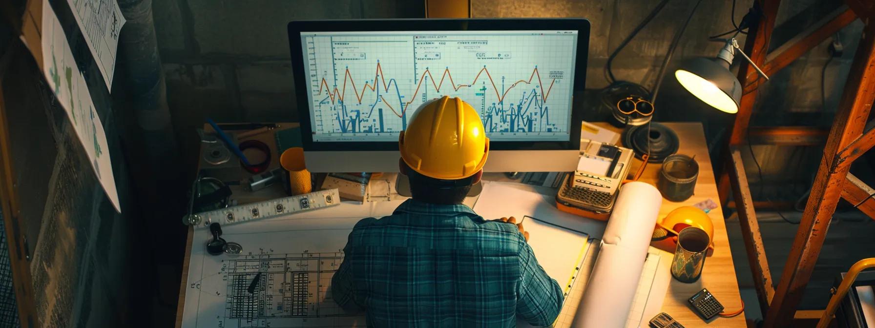 a construction worker analyzing a computer screen showing a detailed graph of backlink quality metrics, surrounded by blueprints and a hard hat, reflecting on successful link building efforts.