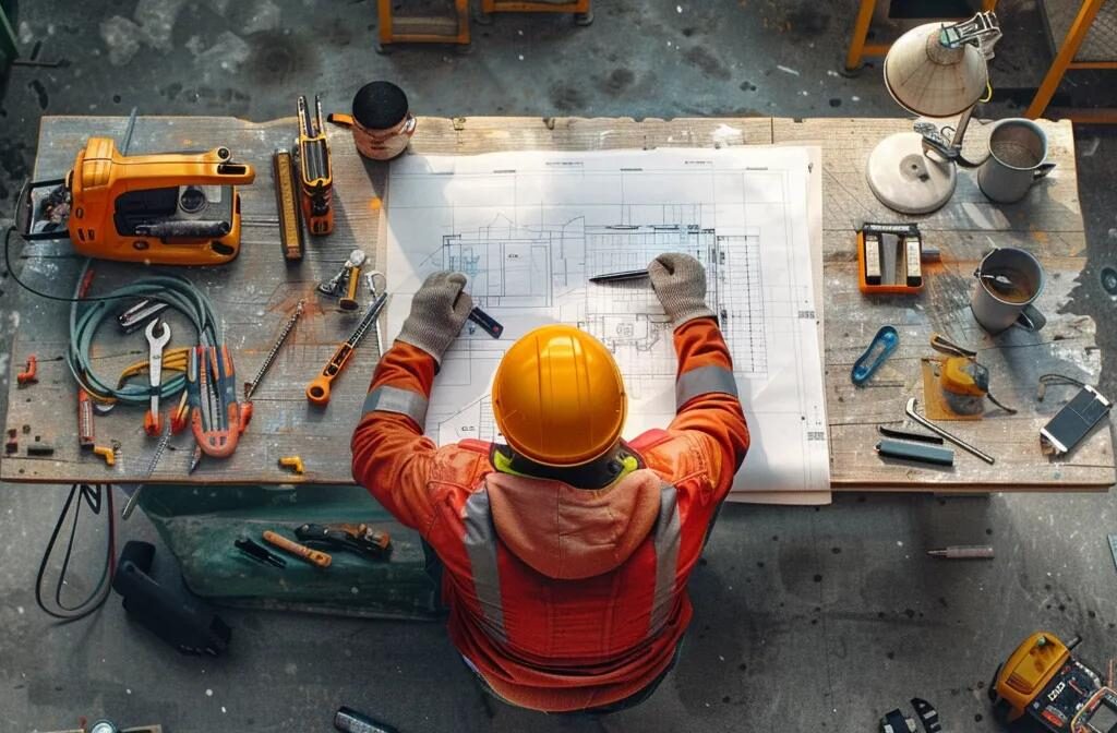 a construction worker carefully examining a blueprint surrounded by a variety of tools and materials, symbolizing the strategic evaluation of existing content for seo improvements.