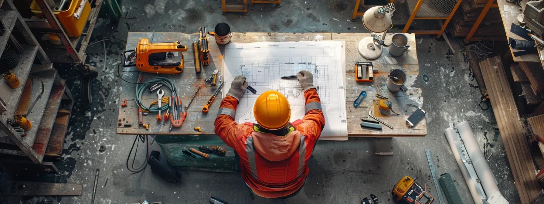 a construction worker carefully examining a blueprint surrounded by a variety of tools and materials, symbolizing the strategic evaluation of existing content for seo improvements.