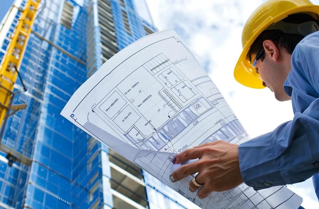 a construction worker holding a detailed blueprint in front of a skyscraper under construction, surrounded by a variety of visually engaging content like charts and diagrams.