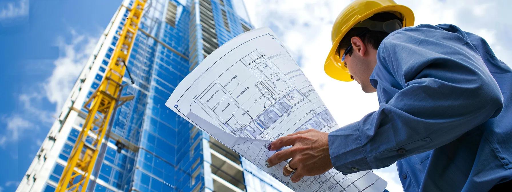 a construction worker holding a detailed blueprint in front of a skyscraper under construction, surrounded by a variety of visually engaging content like charts and diagrams.