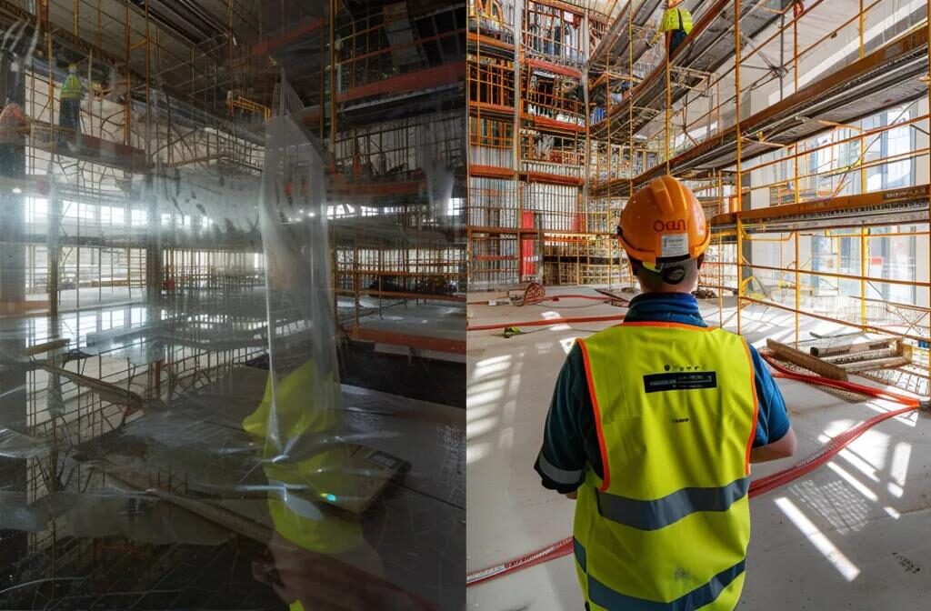 a construction worker in a vibrant yellow hard hat and reflective vest, confidently inspecting a new building site filled with scaffolding and construction materials, embodying a strong and reliable brand identity.