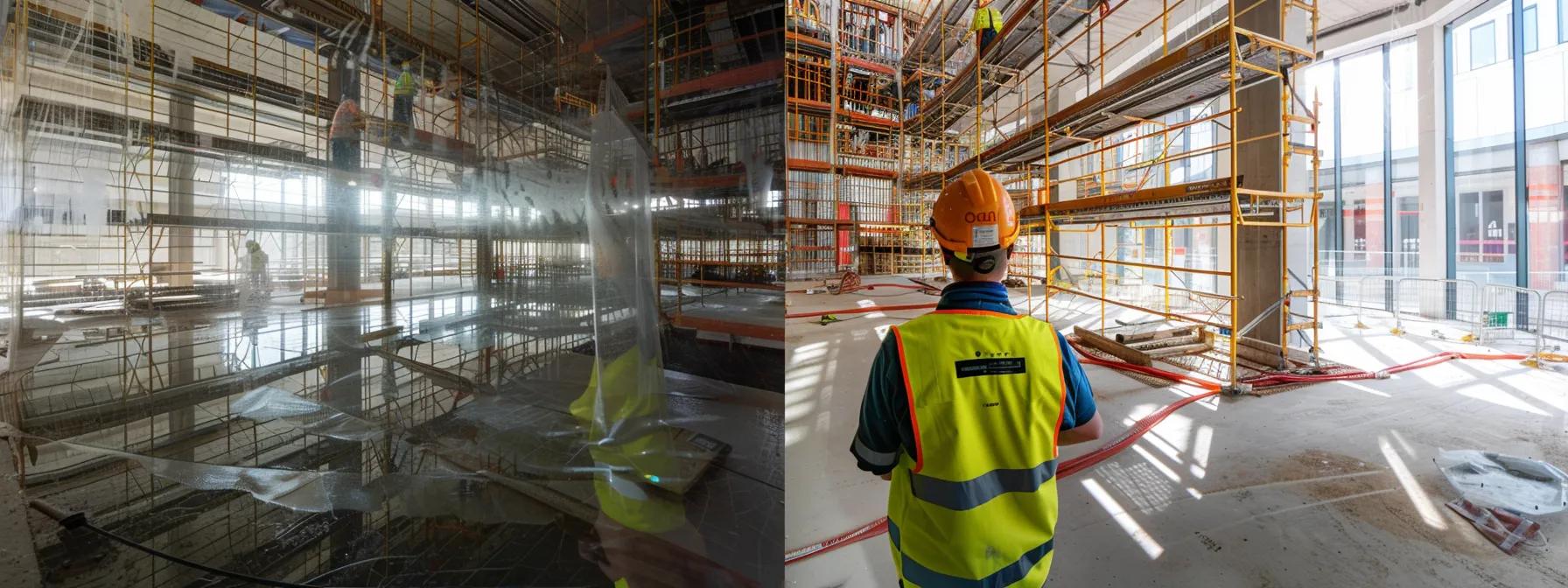 a construction worker in a vibrant yellow hard hat and reflective vest, confidently inspecting a new building site filled with scaffolding and construction materials, embodying a strong and reliable brand identity.