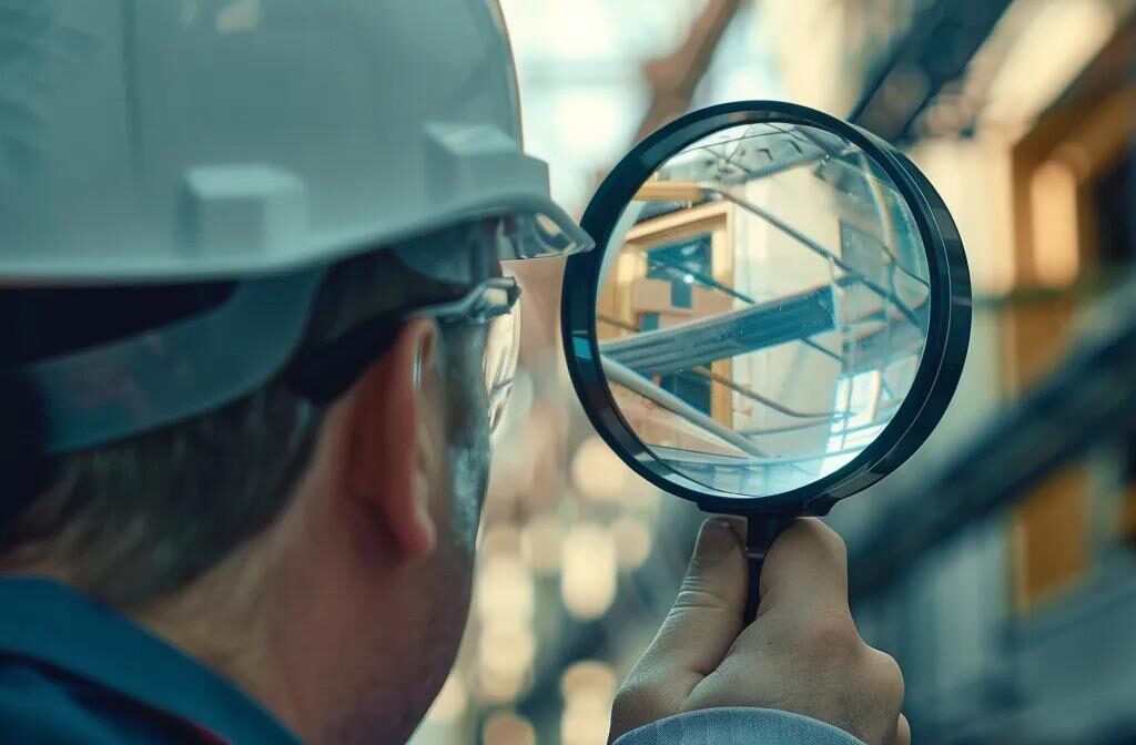 a construction worker inspecting a large, modern website structure using a magnifying glass.