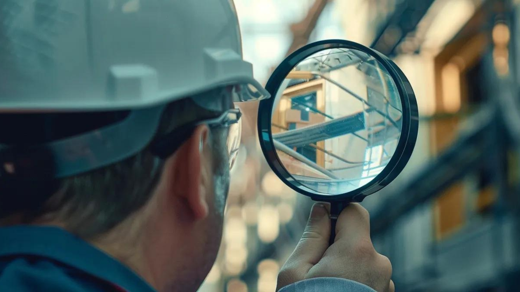 a construction worker inspecting a large, modern website structure using a magnifying glass.