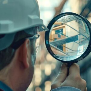 Construction worker inspecting materials through a magnifying glass, emphasizing attention to detail in construction projects and quality assurance.