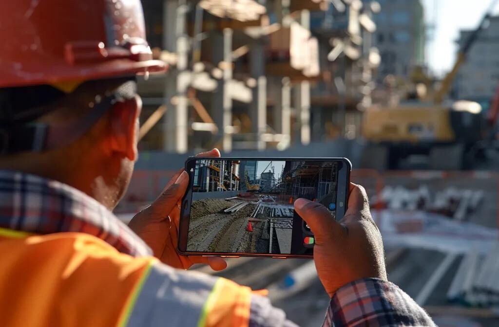 a construction worker inspecting a mobile device showing a website design, struggling with compatibility and scaling issues.