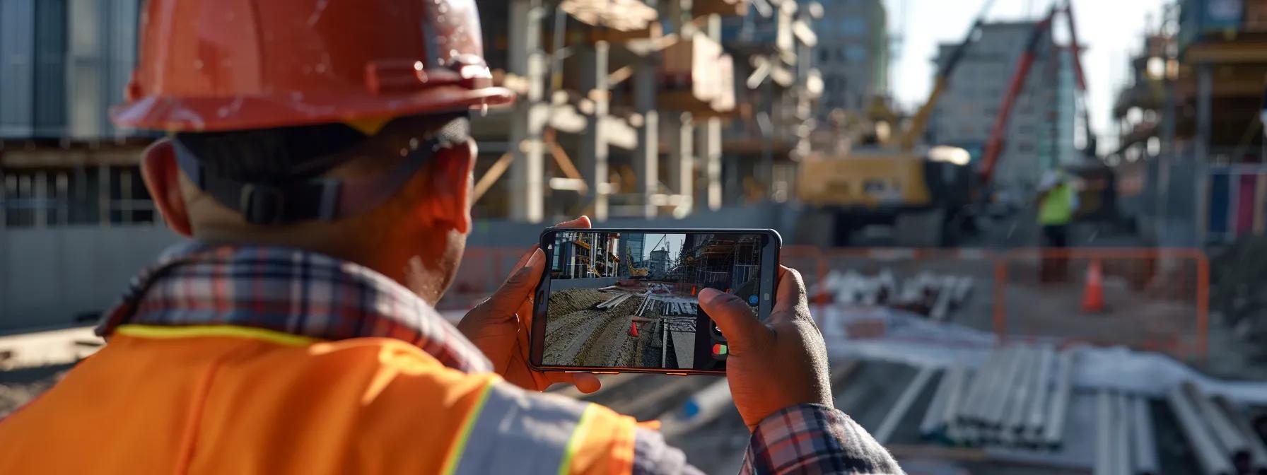 a construction worker inspecting a mobile device showing a website design, struggling with compatibility and scaling issues.