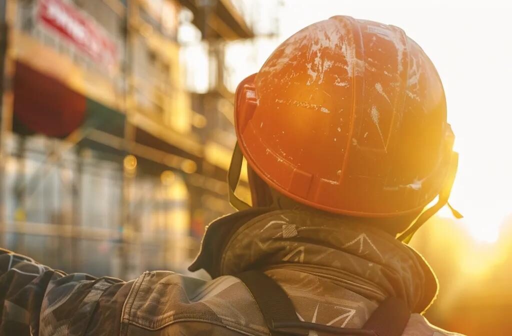 a construction worker proudly displaying a logo-emblazoned hard hat, showcasing effective branding strategies for contractor success.