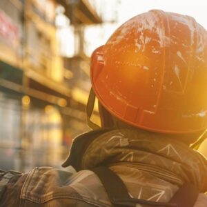 Construction worker wearing an orange hard hat, observing a building site, symbolizing branding strategies in the construction industry.