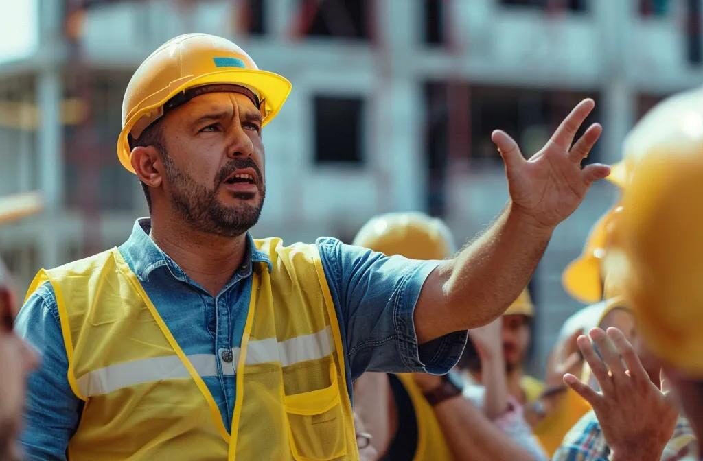 a construction worker telling a captivating story at a job site, surrounded by interested onlookers.