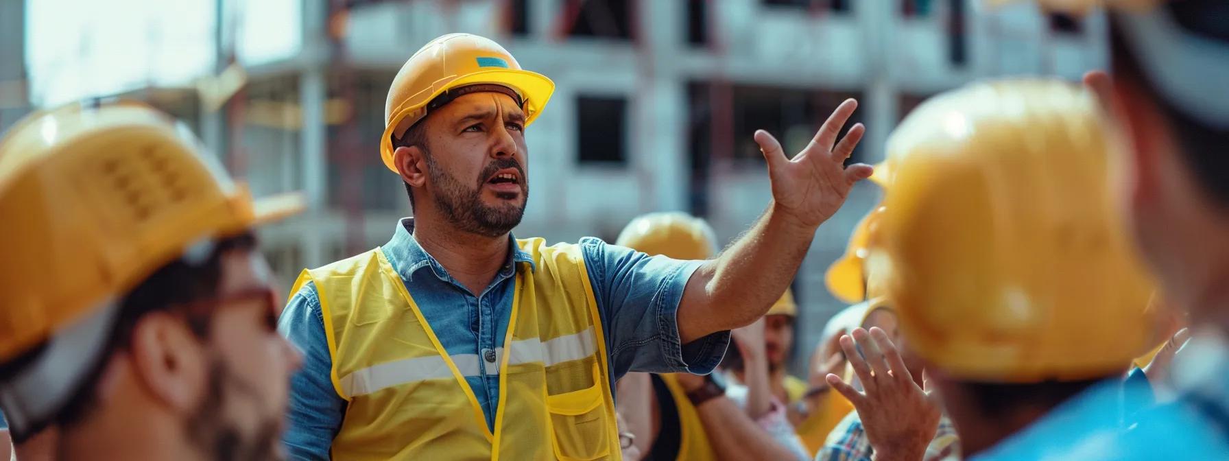 a construction worker telling a captivating story at a job site, surrounded by interested onlookers.