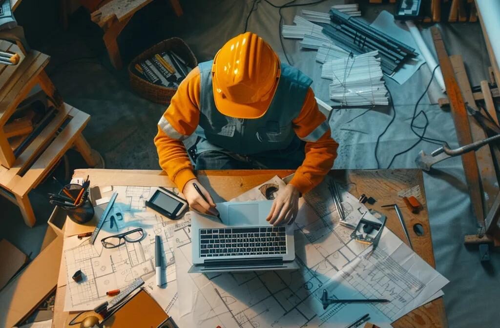 a construction worker updating the title tag and meta description of a website on a laptop, surrounded by blueprints and construction tools.