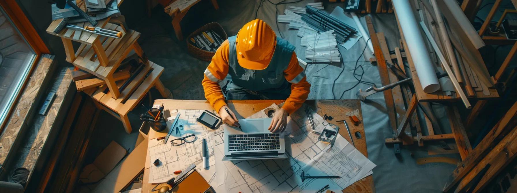 a construction worker updating the title tag and meta description of a website on a laptop, surrounded by blueprints and construction tools.