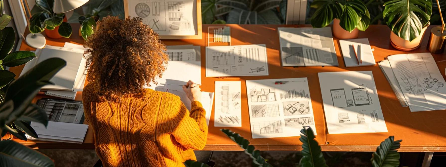 a designer surrounded by sketches and drafts, seeking feedback from stakeholders, for a construction business logo.