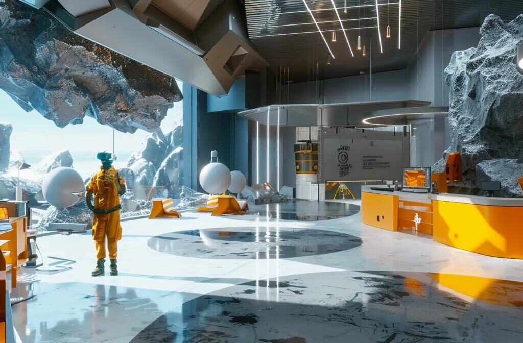 a futuristic construction brand showcasing interactive virtual reality experiences to engage potential clients in a dynamic and immersive setting.