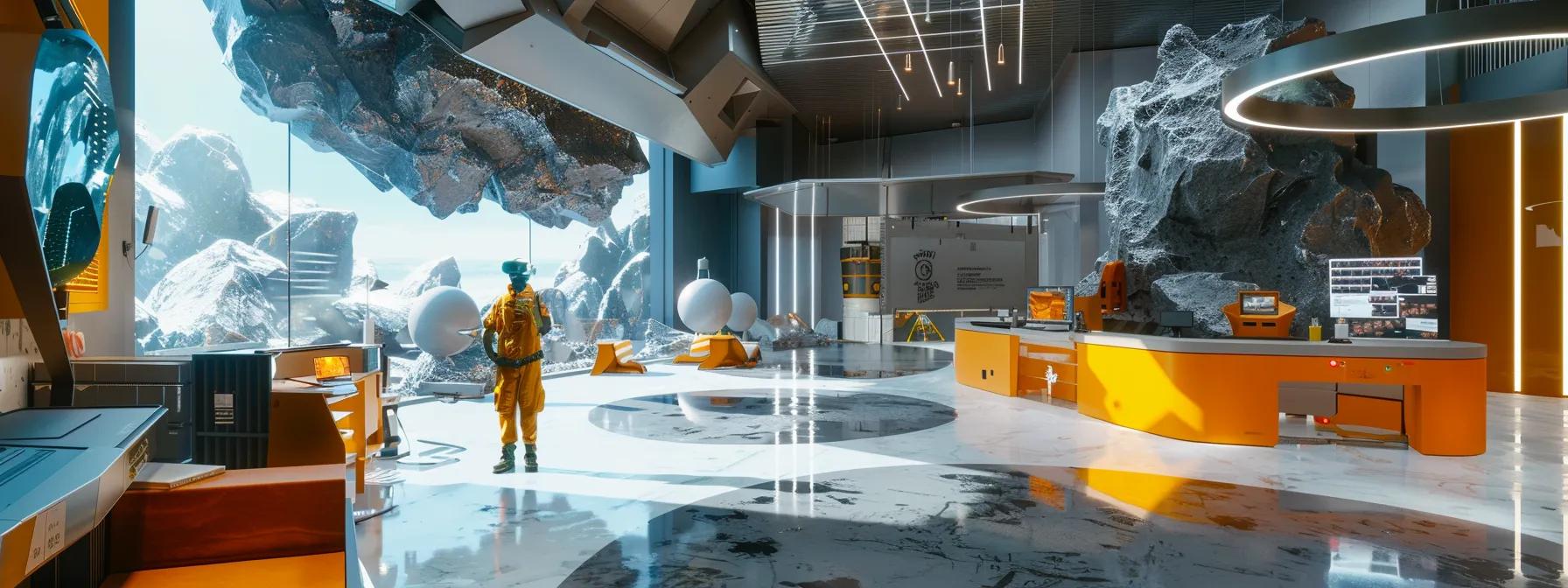 a futuristic construction brand showcasing interactive virtual reality experiences to engage potential clients in a dynamic and immersive setting.