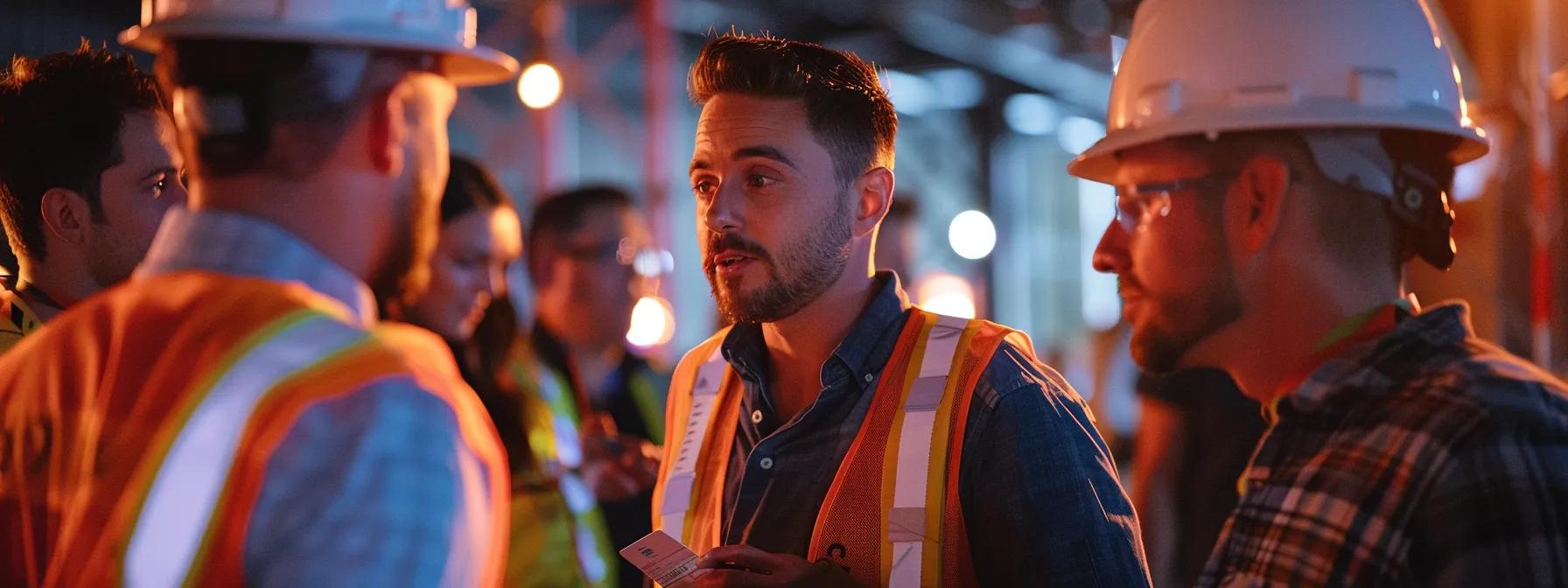 a group of construction professionals networking at an industry event, exchanging business cards and discussing potential project opportunities.