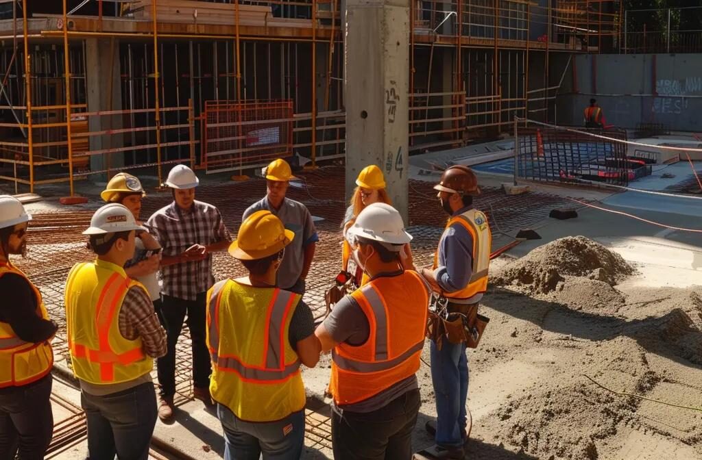 a group of construction professionals engaged in a lively discussion on a construction site, emphasizing the importance of client engagement.